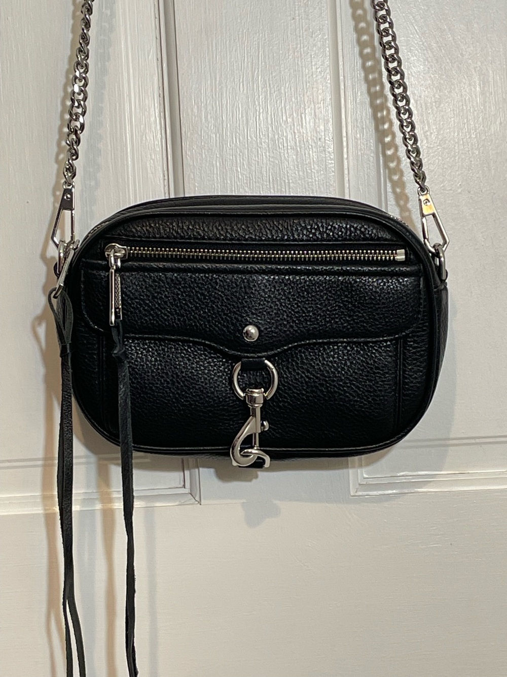 Rebecca Minkoff Blythe crossbody black leather chain strap zip dust bag